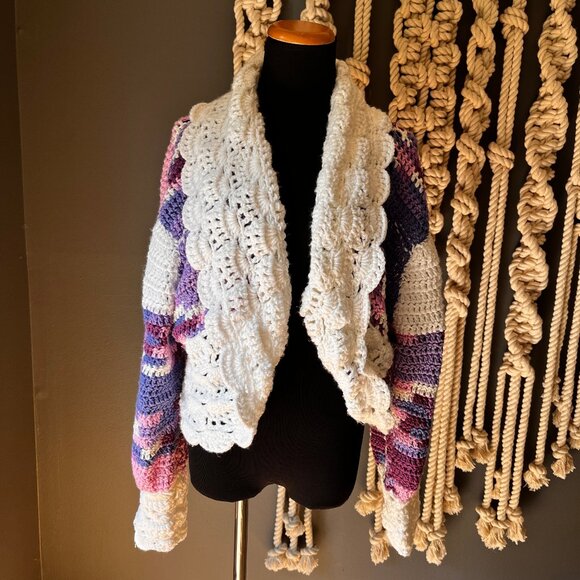 Crochet Granny Core Hand Knit Cardigan Sweater Purple M/L Cottage Fairy Girly - Picture 2 of 11